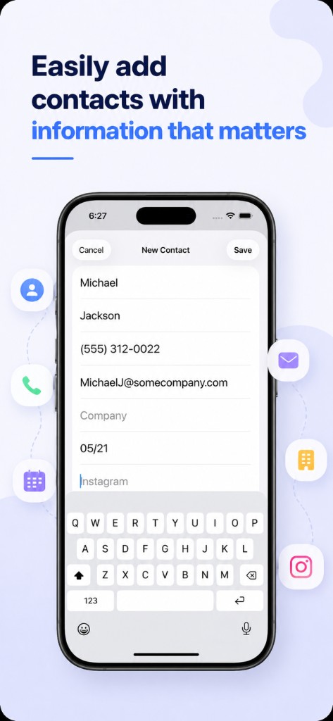 Adding a new contact with phone, email, company, birthday, and Instagram details