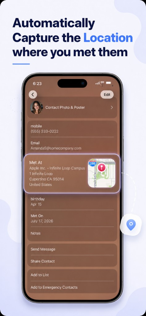 A contact profile showing the place and date where the person was met