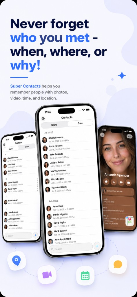 Super Contacts showing name and date sorting alongside a contact profile