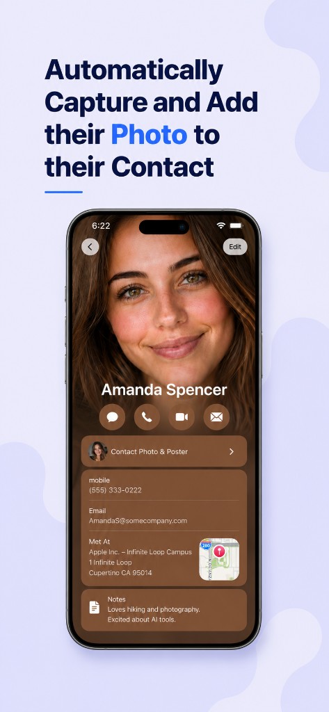 A contact card with an automatically captured profile photo