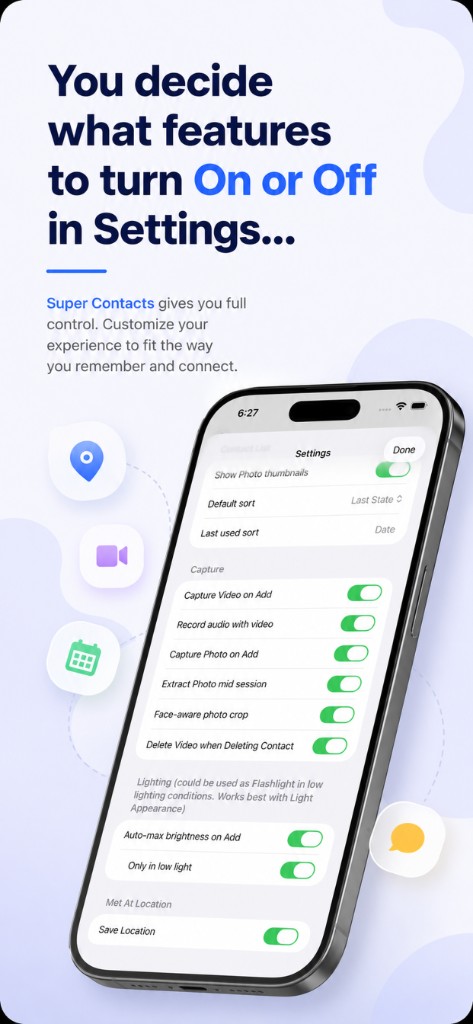 Super Contacts settings with controls for photo, video, audio, lighting, and location capture